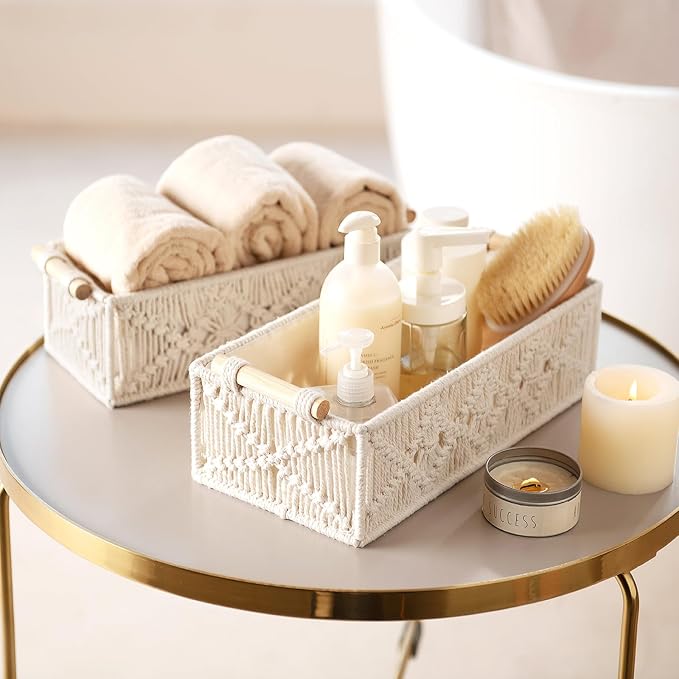 Mkono Macrame Storage Baskets Boho Decor Box Handmade Woven Decorative Countertop Toilet Tank Shelf Cabinet Organizer for Bedroom Livingroom Home, Set of 2, Ivory - Image 9