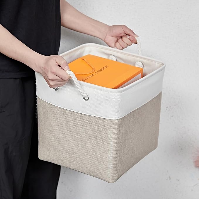 13 x 13 Inch Storage Cubes,6 Pack Cube Storage Bins for Shelves,Fabric Collapsible Storage Bins with Handles, Foldable Storage Basket for Organizing Clothes, Toys, Books (White&Beige) - Image 6
