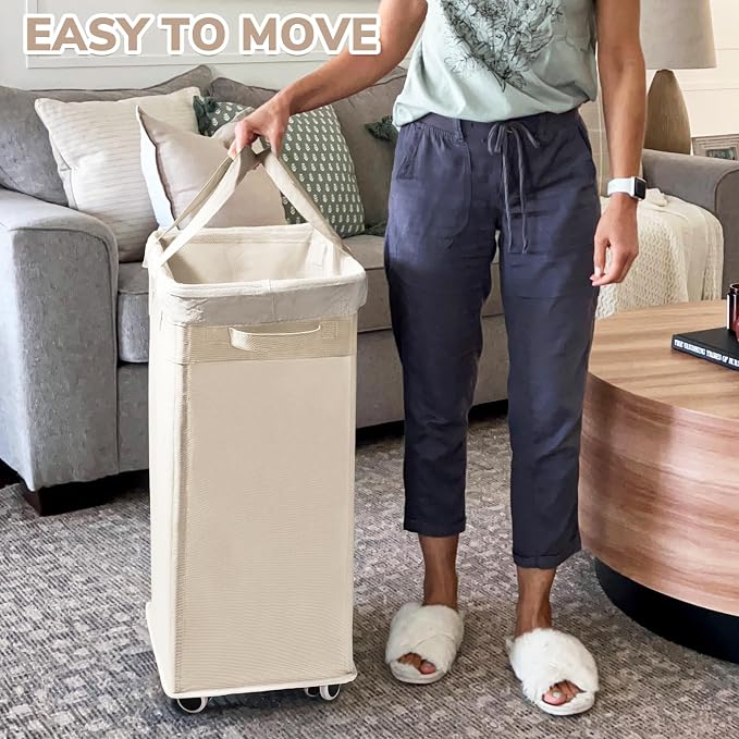 CHICVITA Collapsible Laundry Basket on Wheels 75L, Slim Laundry Hamper with Removable Wash Bag for Bedroom, Clothes Hampers for Laundry, Ivory - Image 7