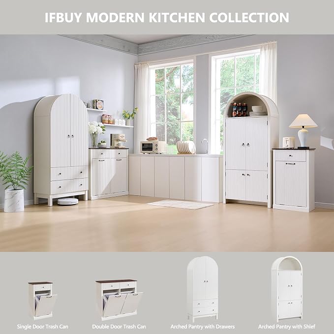 IFBUY Modern Double Tilt-Out Laundry Hamper Cabinet, 20 Gallon Fluted Trash Can Cabinet w/2 Drawers, Wooden Hidden Garbage Can Cabinets with Laundry Basket, for Bathroom and Kitchen, Antique White - Image 7