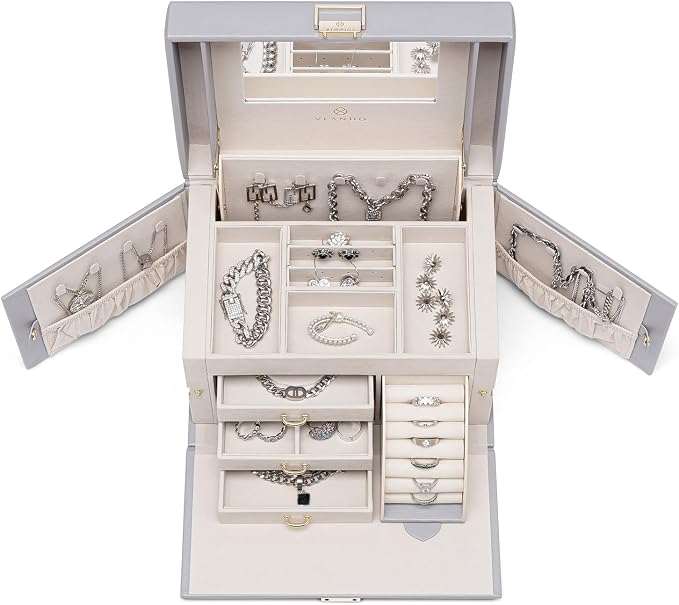 Vlando Mirrored Jewelry Box Organizer, Leather Jewelry Storage Case, Necklaces Earrings Rings Brackets Box Holder, Light Gray - Image 7