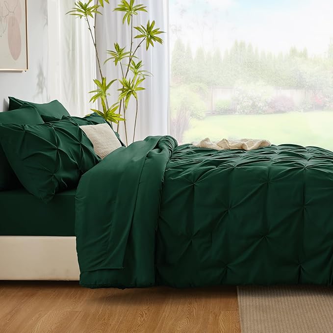 CozyLux King Size Comforter Set Emerald Green, 7 Pieces Pintuck Bed in A Bag Green Comforter King Size, Pinch Pleat Bedding Set with All Season Comforter, Sheets, Pillowcases & Shams