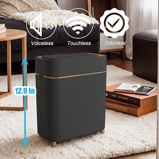 Yatmung Automatic Bathroom Trash Can with Touchless Lid - Slim Motion Sensor Trash Can - Bathroom, Bedroom, Kitchen, Laundry Room, Small Spaces - Compact Smart Trash Bin - Black with Gold Edge, 1Pack - Image 6