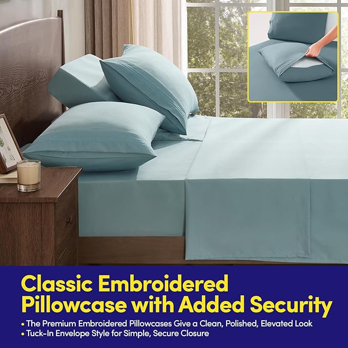 Split Head King Sheets Set for Adjustable Beds 4 Piece Flex Top Bed Sheets β Deep Pocket Split Top Fitted Sheet with Built-in Corner Straps, Luxury Soft Cooling Bedding, Wrinkle Resistant, Misty Blue