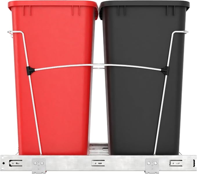 Rev-A-Shelf RV-18KD-1618C-S Double Pullout Trash Can for Kitchen Cabinets 35 Qt Garbage Recycling Bin on Full Extension Slides, Red/Black - Image 9