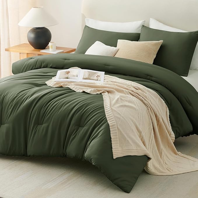 CozyLux Oversized Queen Comforter Set Olive Green, 3 Pieces 98x98 Solid Breathable Quilted Bedding Sets All Season, Luxury Soft Lightweight Bed Set with Down Alternative Comforter and 2 Pillowcases