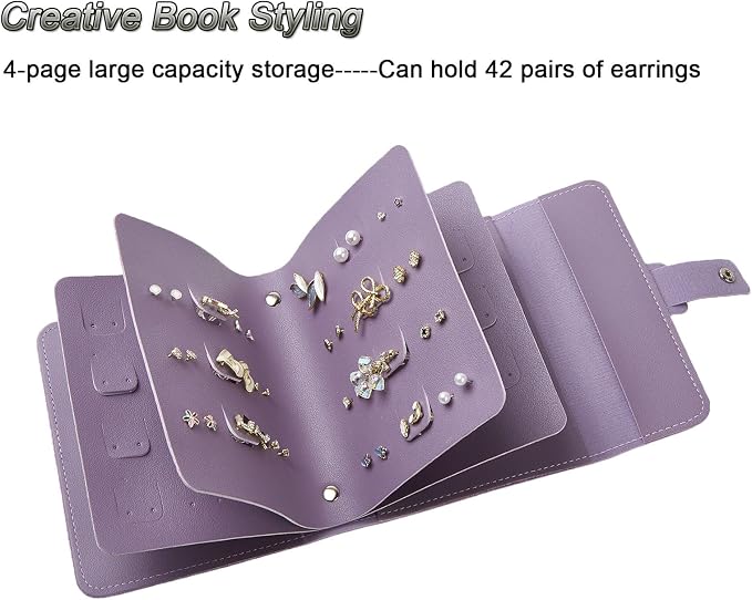 LAKE OF FIRE Earring Holder Organizer with Foldable Book Design Jewelry Book Organizer, Portable Pu Leather Travel Earring Case(Purple) - Image 5