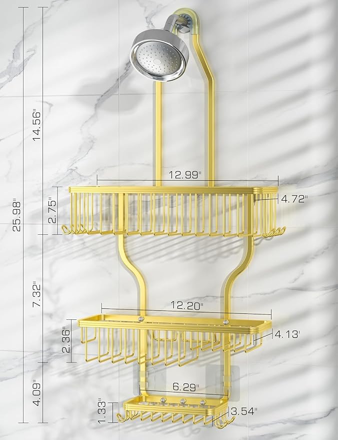 YASONIC Never-Rust Aluminum Hanging Shower Caddy – Over-the-Showerhead Organizer with 10 Hooks for Razor and Sponge – Includes Soap Basket – Gold - Image 8