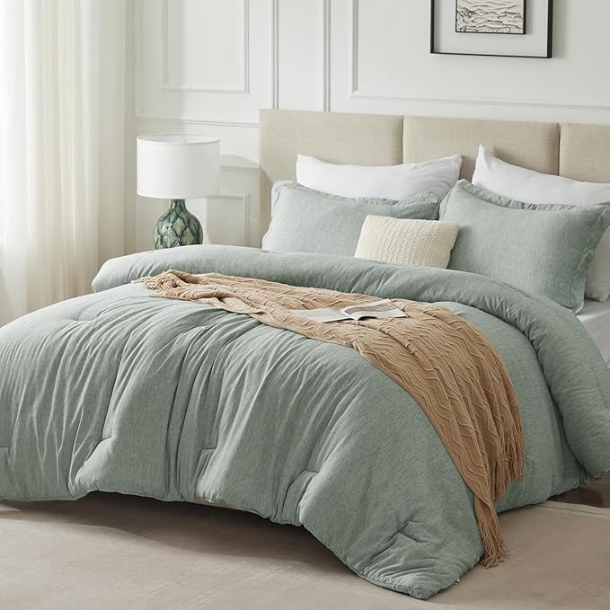 CozyLux California King Comforter Set - 3 Pieces Sage Green Soft Luxury Cationic Dyeing Cal King Size Bedding Comforter All Season, Breathable Lightweight Bed Sets with 1 Comforter and 2 Pillow Shams