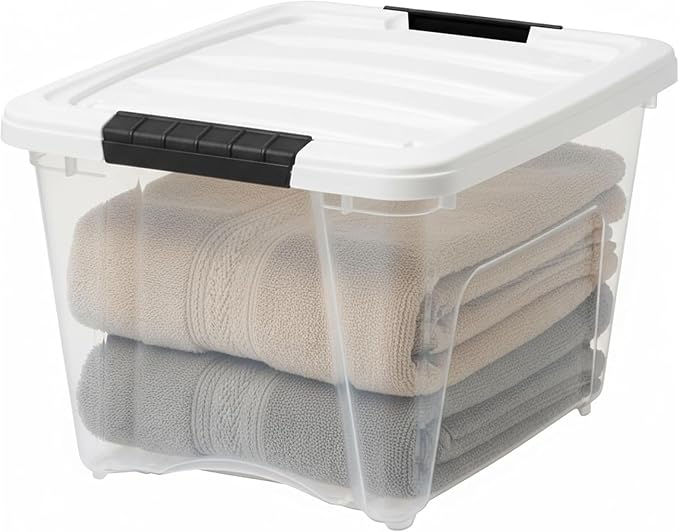 IRIS USA 19 Qt Stackable Plastic Storage Bins with Lids, 12 Pack - BPA-Free, Made in USA - See-Through Organizing Solution, Latches, Durable Nestable Containers, Secure Pull Handle - Clear/White - Image 2