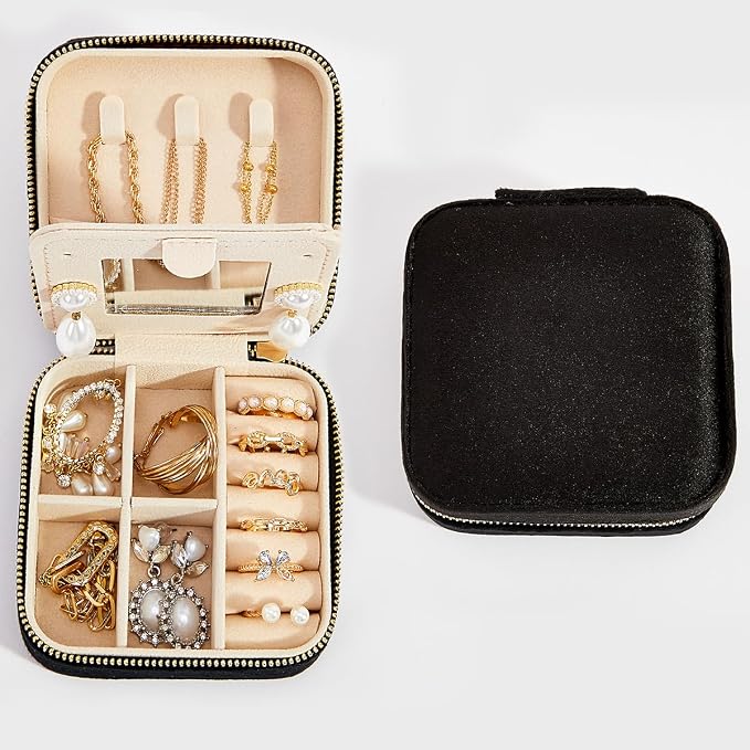Travel Velvet Jewelry Box with Mirror, Mini Gifts Case for Women Girls, Small Portable Organizer Boxes for Rings Earrings Necklaces Bracelets (Black) - Image 7