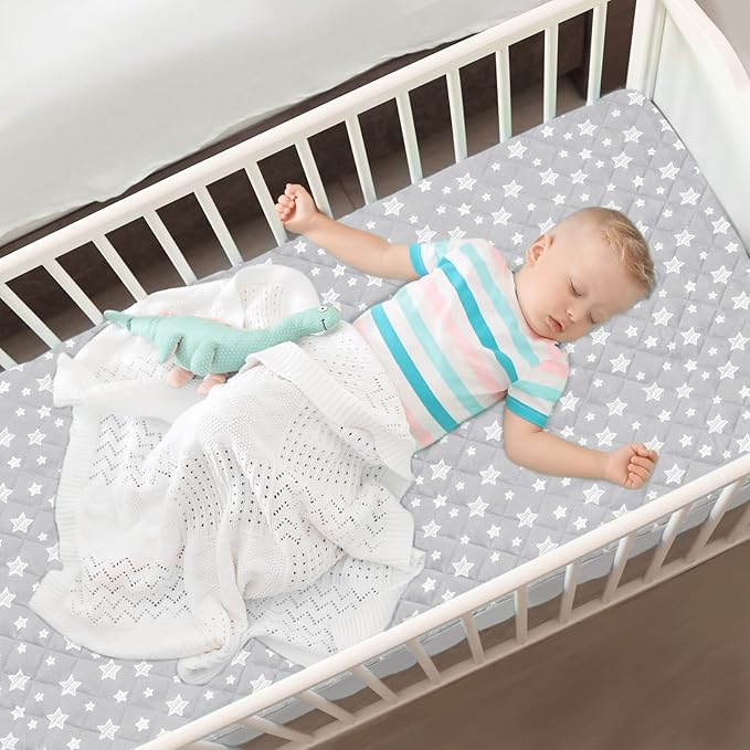 Crib Mattress Protector Waterproof, Quilted Crib Mattress Pad Cover 52" x 28", Extra Soft Breathable Toddler Bed Cover Stretch Up to 8", Grey Star