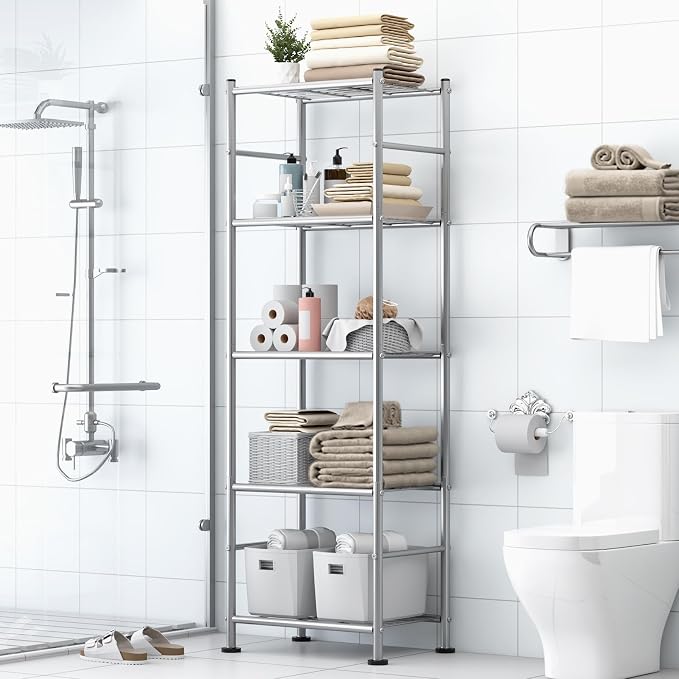 Sakugi Storage Shelves - Set of 2, 5-Tier Metal Shelf Organizer, Space-Saving Garage Shelving with Leveling Feet, Standing Shelves Organizer for Kitchen, Laundry, Pantry (18.4"x12.6"x57.4", Silver) - Image 6