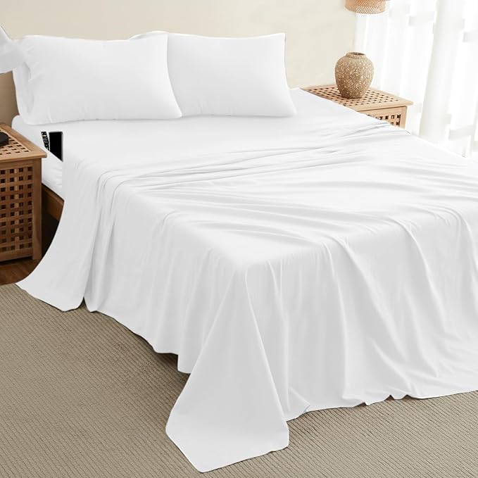 DREAMCARE Queen Sheet Set – 4 pcs Cooling Sheets – up to 21” Extra Deep Pocket Queen Sheets – Hotel Luxury Sheets & Pillowcases – Superior Softness 100% Fine Microfiber with Side Pocket – White