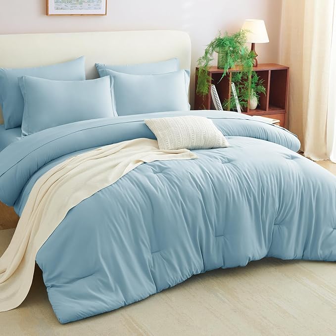 CozyLux Full Size Comforter Sets Light Blue, 7 Pieces Bed in a Bag Full Comforter Set with Sheets, Luxury Bedding Set with Down Alternative Comforter, Fitted Sheet, Flat Sheet, Pillowcases & Shams
