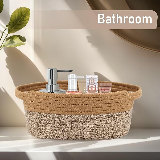 JMvicyroam Woven Basket,Small Rope Storage Bin with Handles & Ribbon Bag, Organizer for Shelves Closets,Gift Basket Empty for Birthday,Books,Dog Toys, Jute&Brown/3 Pack - Image 8