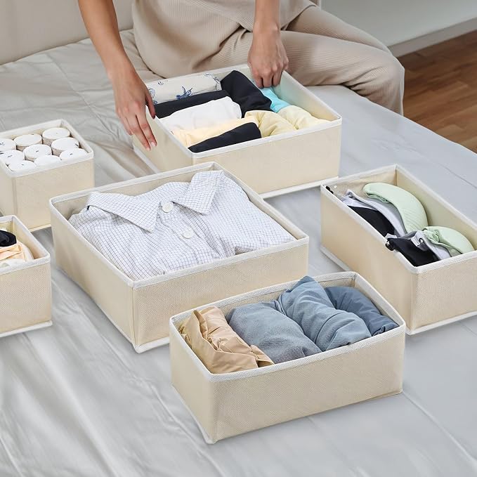 12 Pack Linen Drawer Organizer Set – Collapsible Fabric Storage Bins for Baby Clothes, Diapers, Socks, Bras & More (Beige, 3 Sizes) - Image 8