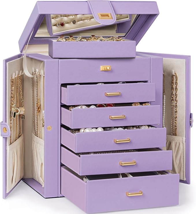 AKOZLIN 6-Tier Jewelry Box Organizer Functional 5 Drawers Leather Jewelry Storage Case for Women Girls Ring Necklace Earring Bracelet Holder Organizer with Mirror Violet - Image 7