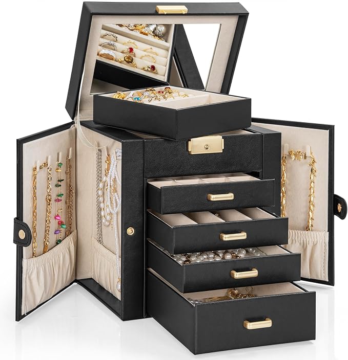 AKOZLIN 5-Tier Jewelry Box Leather Jewelry Storage Organizer with 4 Drawers Lockable for Women Girls Ring Necklace Earring Bracelet Watches Holder with Mirror Black - Image 8