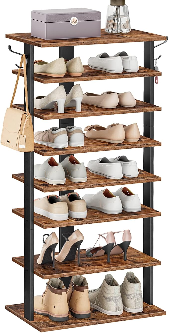 HOOBRO 8 Tiers Vertical Shoe Rack, Wooden Shoe Storage Organizer with Hooks, Narrow Shoe Tower for 16 Pairs, Space Saving, for Entryway, Living Room, Bedroom, Rustic Brown BF750XJ01 - Image 9