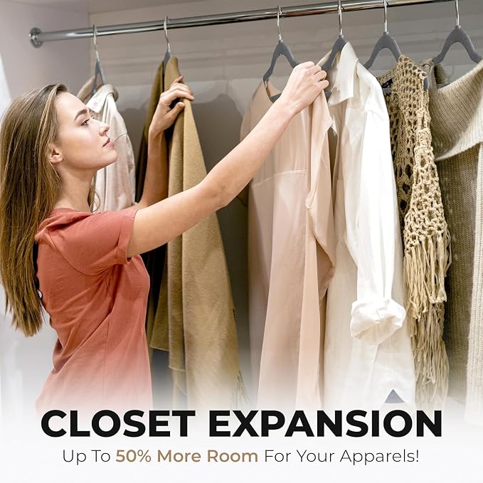 Our Modern Space 200 Pack Velvet Hanger for Shirt Pants Dresses Skirts Suits Jackets - Slim Space Saving Design - Standard Coat Hanger - Sturdy & Durable Design with Shoulder Grooves Hook - Image 6