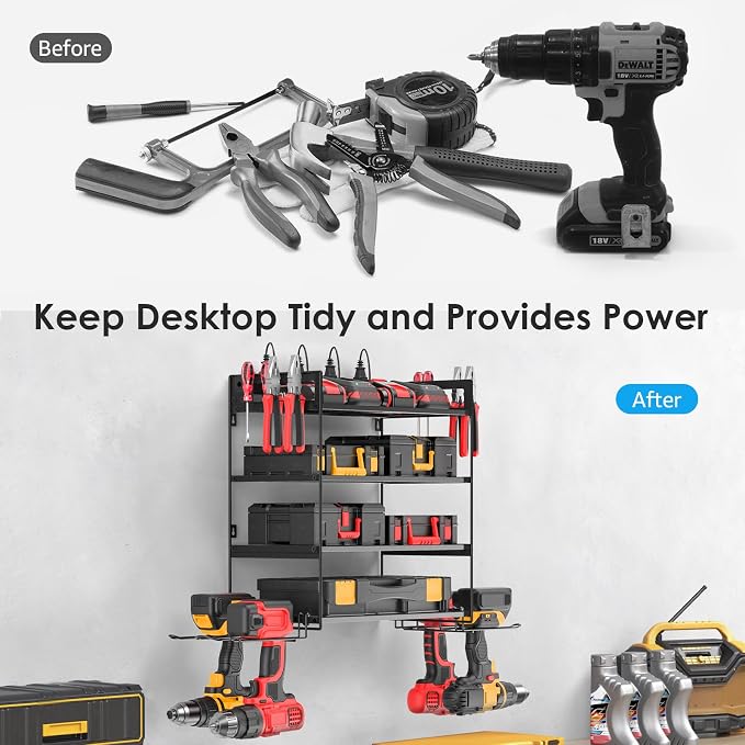 CCCEI Garage Tools Storage with Charging Station. Power Tool Battery Organizer Utility Shelf with Power Strip. 4 Drills Holder Wall Mount Rack, Black 4 Layer. - Image 7