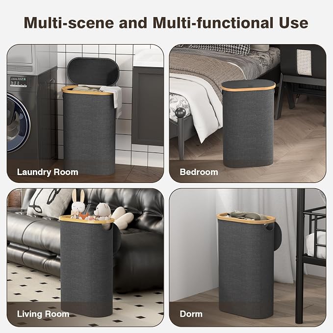 Slim Laundry Hamper with Lid, 60L Small Laundry Basket with Handles&Removable Bag, Thin Dirty Clothes Hampers for Laundry, Narrow Laundry Hampers for Bedroom Aesthetic, Dark Grey - Image 7
