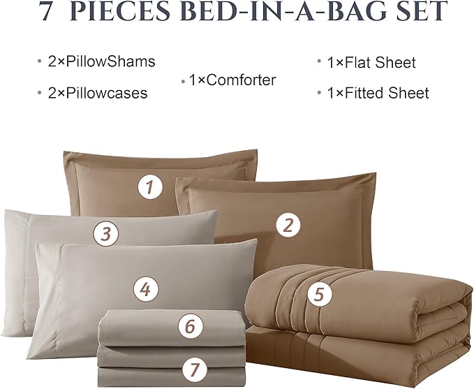 Monbix Oversized Queen Comforter Set - 7 Pieces Brown Bed in a Bag Oversized Queen Bedding Sets with Comforters, All Seasons Comforter Bed Set with Sheets, Pillowcases & Shams