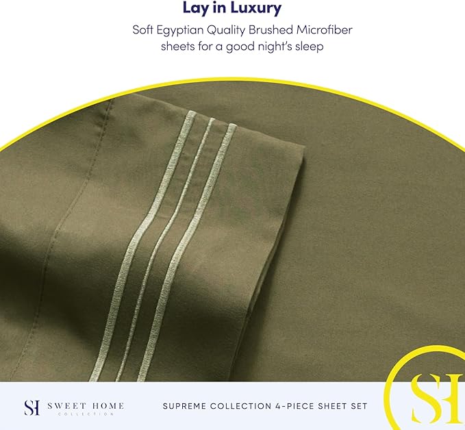 Queen Size Bed Sheets - Breathable Luxury Sheets with Full Elastic & Secure Corner Straps Built In - 1800 Supreme Collection Extra Soft Deep Pocket Bedding Set, Sheet Set, Queen, Olive