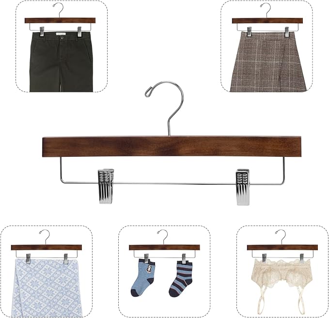 Nature Smile Solid Lotus Wood Deluxe Wooden Pants Hangers Bottom Hanger Jeans Hanger Skirt Hanger with 2-Adjustable Clips Anti Rust Hook 20 Pack (Retro) - Image 8