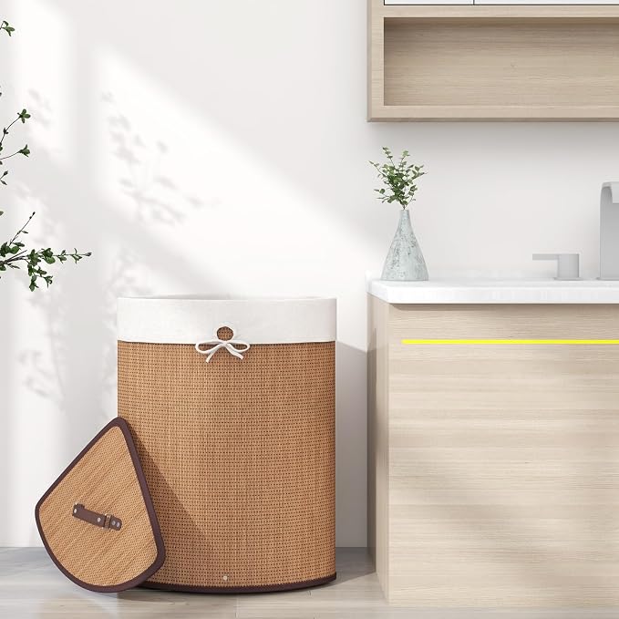 GOFLAME Corner Bamboo Laundry Hamper with Lid and Removable Liner, Washing Clothes Basket Storage Bin with Handle, Suitable for Bedroom, Bathroom, Laundry, Bamboo - Image 9