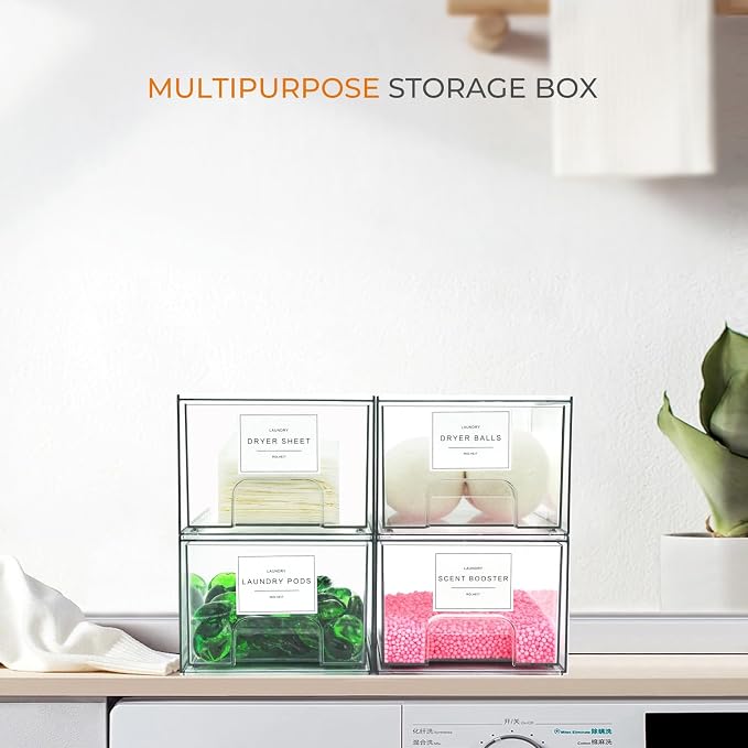 4 Pack Laundry Room Organization Storage Drawers with Labels, Clear Stackable Dryer Sheet Holder and Pod Containers, Detergent Dispenser for Laundry Room Organizing and Decor - Image 7