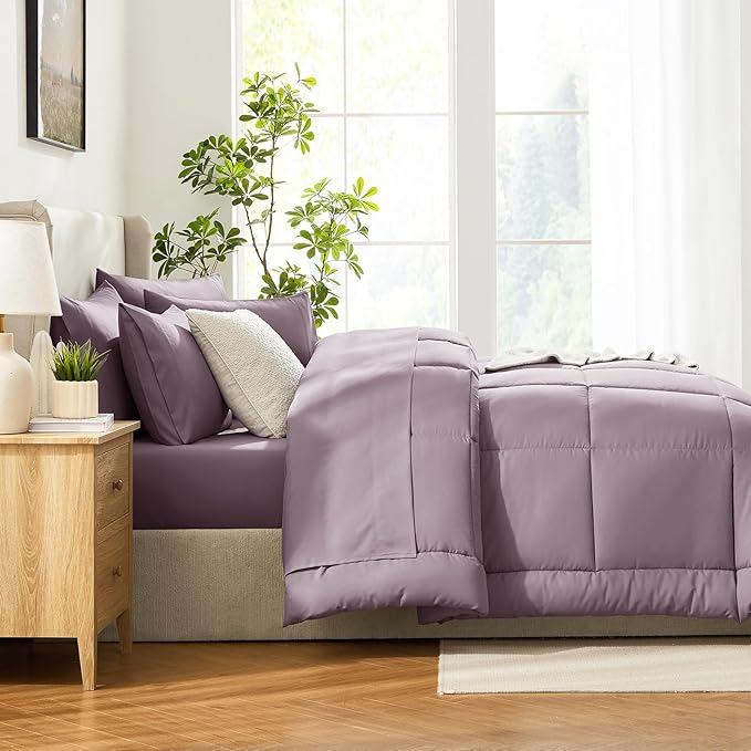 CozyLux Queen Comforter Set Dusty Purple, 7 Pieces Bed in a Bag, Grayish Purple Comforters Queen Size, Bedding Set with All Season Quilted Comforter, Flat Sheet, Fitted Sheet, Pillowcases