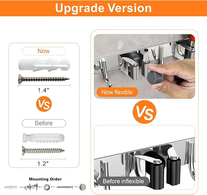CUXIXA Mop and Broom Holder Wall Mount, Upgraded Broom Organizer Wall Mount, Stainless Steel Broom Hanger Wall Mount for Home Kitchen Garden Laundry Garage (4 Racks with 5 Hooks Silver) - Image 7