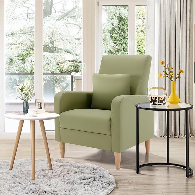 COLAMY Faux Leather Living Room Accent Chair Armchair with Pillow, Reading Side Chair,Single Sofa with Wood Legs, L-Green