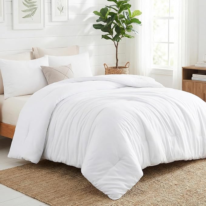 CozyLux King Size Comforter Set White, 3 Pieces Solid Comforters King Size Breathable Quilted Bedding Sets, Luxury Soft Lightweight Bed Set with Down Alternative Comforter and 2 Pillowcases All Season