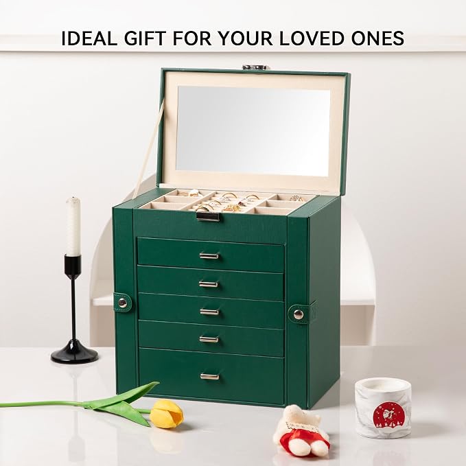Frebeauty Large Jewelry Box,6-Tier PU Leather Jewelry Organizer,Multi-functional Storage Case with Mirror,Accessories Holder with 5 Drawers for Necklace Bracelets Watches(Blackish Green) - Image 7