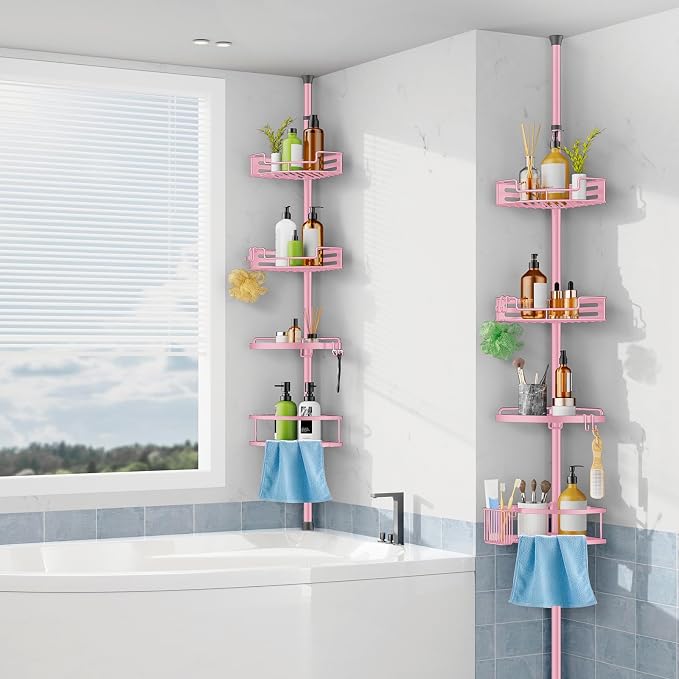 HAMITOR Corner Shower Caddy Tension Pole: Quick Installation 4-Tier Rustproof Bathroom Organizer Shelves for Bathtub Shampoo Storage - 47-121 inch Adjustable Floor Standing Bath Rack Holder - Pink - Image 7