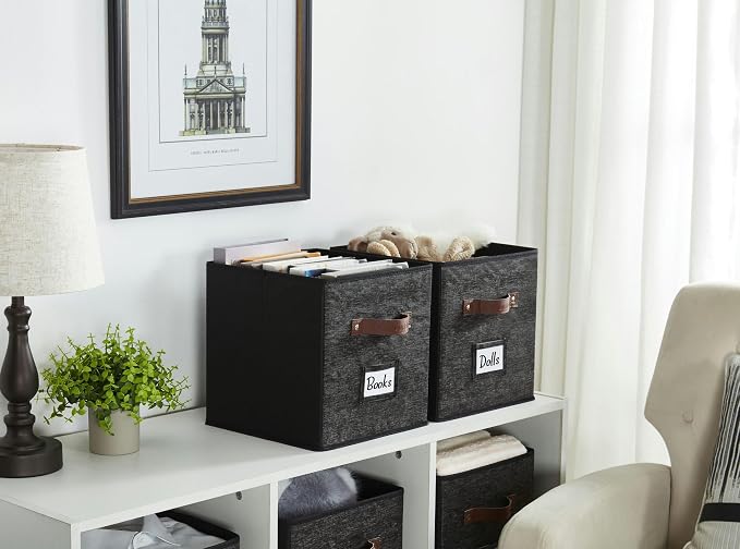 DECOMOMO Storage Bins, Cube Storage Bin with Labels, Fabric Storage Cubes for Shelves (10.5" x 11" / 6pcs, Black Pattern) - Image 9