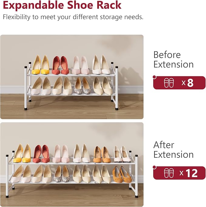 Tajsoon Expandable Shoe Rack for Closet 2 Tier, 28“-41“ Adjustable & Stackable Shoe Shelf Storage, Metal Shoe Rack Organizer for Front Door Entrance, Closet, Garage, Entryway, White - Image 7