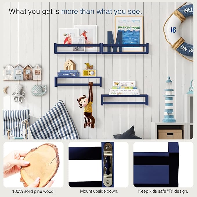Forbena Navy Blue Floating Book Shelves for Nursery Boy, Decorative Wall Bookshelf for Kids Room, Small Wood Floating Shelves Wall Mounted for Boys Bedroom Bathroom (Set of 4, Blue) - Image 5