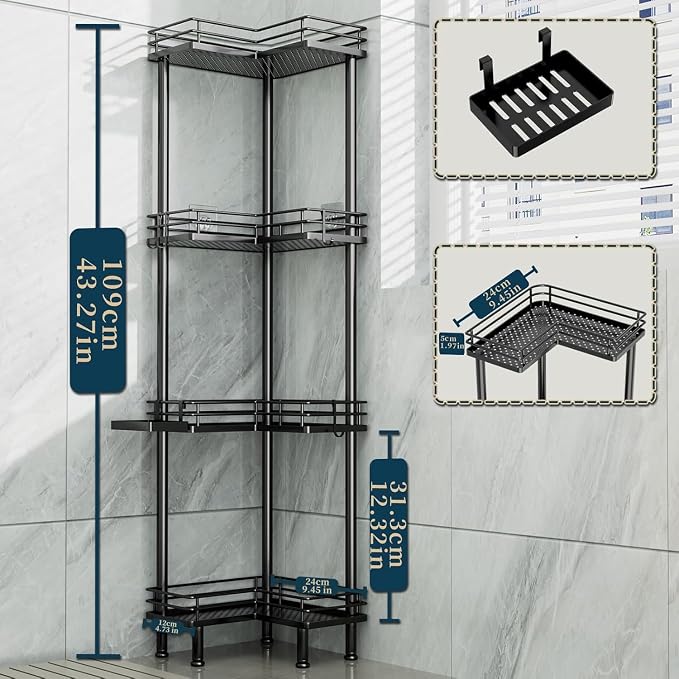 Consumest Corner Shower Caddy Standing - 4-Tier Stainless Steel Shower Organizer with Soap Holder and 4 Hooks, Large Capacity Corner Shelf Stand for Bathroom, Rest Room, Black - Image 7