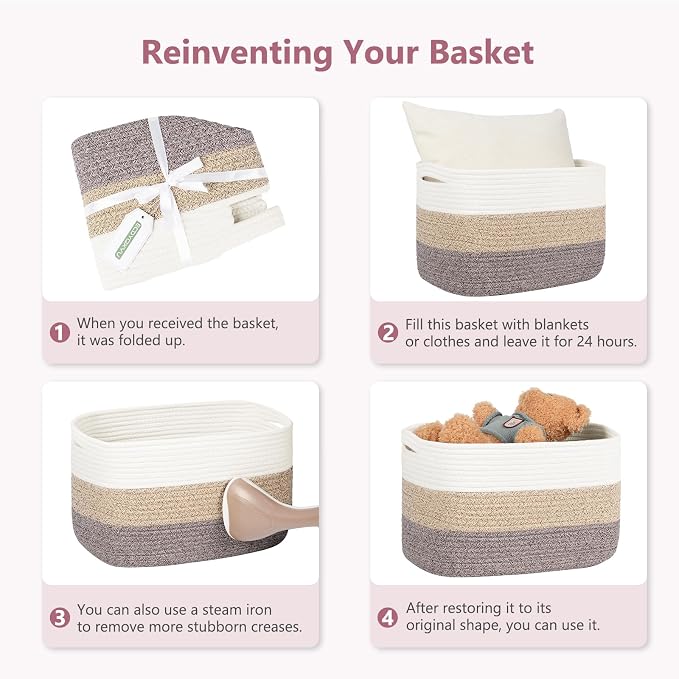 ECDYQXVU Cotton Rope Shelf Storage Basket, 15x10x9 in, Shelf Storage Baskets for Clothes, Towels, Books, Laundry (White/ Pink, 2 Pack) - Image 8