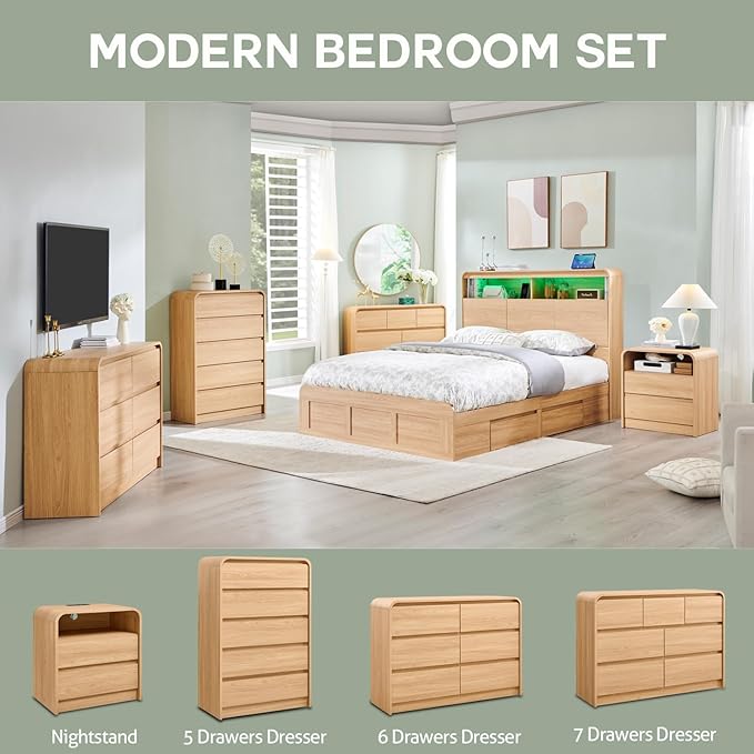 Aitjunz Modern 5 Drawers Dresser for Bedroom, 45" Tall Dressers & Chests of Drawers w/Curved Profile Design, Wood Mid Century Vertical Dresser w/Natural Texture for Bedroom, Living Room, Natural Oak