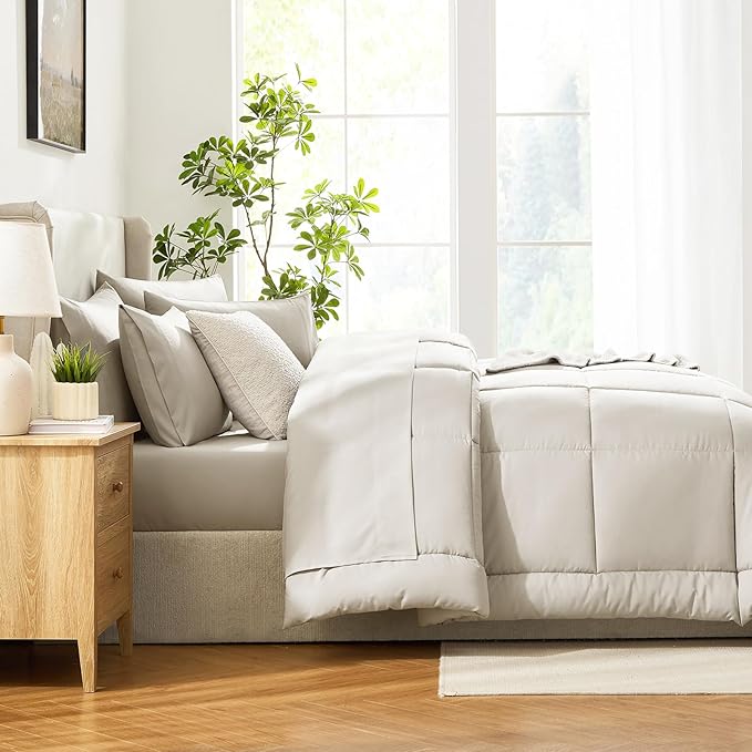 CozyLux Oversized King Comforter Sets Beige, 7 Pieces Bed in a Bag, Ultra-Soft All Season Bedding Sets with Stitch Quilted Comforter, Flat Sheet, Fitted Sheet, Pillowcases