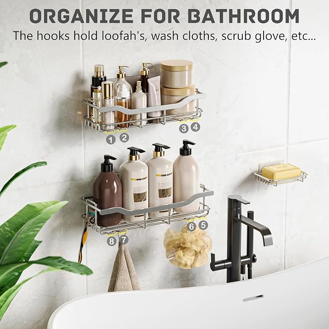 OMAIRA 3-Pack Shower Caddy with Soap Holder, Adhesive Rustproof No-drill Strudy Loading Inside Shower Organizer Shelves Rack Storage Bathroom Organization for Smooth Wall Glass Tile, Silver (X-Large) - Image 6