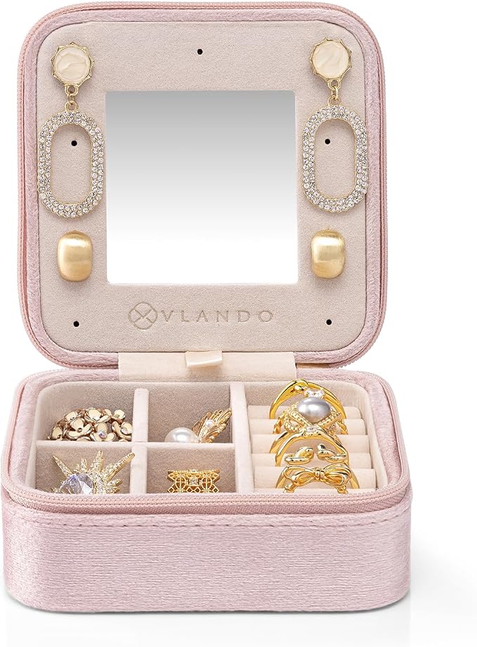 Vlando Small Travel Jewelry Box Organizer Display Case for Rings Earrings Necklaces Storage, Selected Soft Velvet, Letter E Engraved, Pink - Image 7
