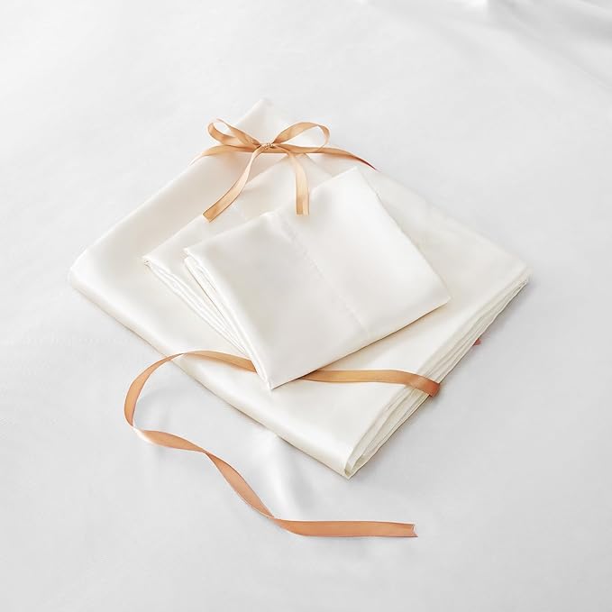 BEDELITE Satin Sheets Queen Size Bed Set, Luxury Soft Ivory White Silky Sheets for Hair and Skin, Similar to Silk Bed Sheets Set 4 Pieces (1 Deep Pocket Fitted Sheet, 1 Flat Sheet, and 2 Pillowcases)