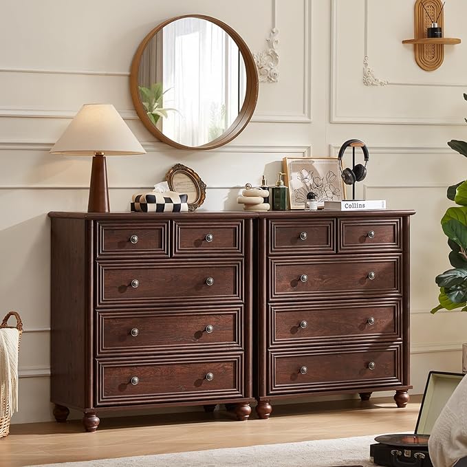 RWYHG Farmhouse 5 Drawer Dresser Set of 2 for Bedroom, 35.5" Walnut Tall Small Dressers & Chest of Drawers, Rustic Wood Dresser with Roman Column, Storage Organizer for Living Room, Hallway, Closet
