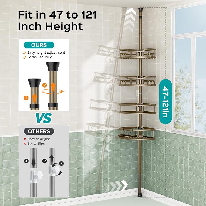 HAMITOR Corner Shower Caddy Tension Pole: Rustproof 4-Tier Bathroom Organizer Shelves for Bathtub Shampoo Storage - 47-121 Inch Quick Install Adjustable Rod Standing Rack with Soap Rack -Tan Khaki - Image 7